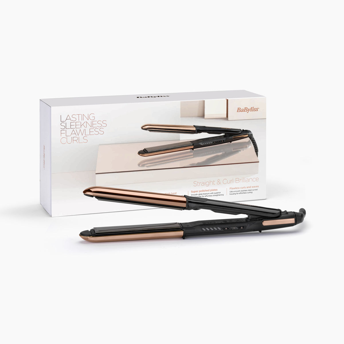 Titanium Brilliance Straight & Curl in Rose Gold and packaging